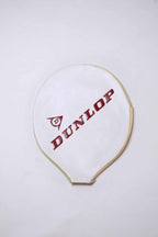 Classic white vinyl Dunlop vintage tennis racket cover with a gold-trimmed zipper and diagonal white logo lettering.