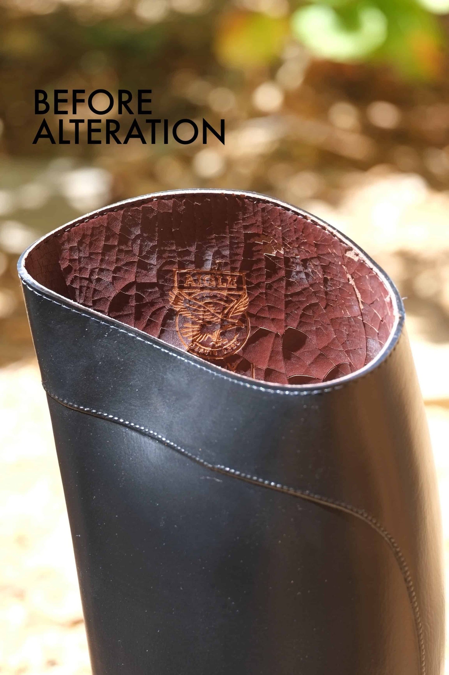 Close shot of the inside of the AIGLE Ecuyer Pro Horseback Riding Boots showing the cracked leather