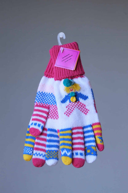 ERGEE Kids Wool Gloves in a pink and white clown design