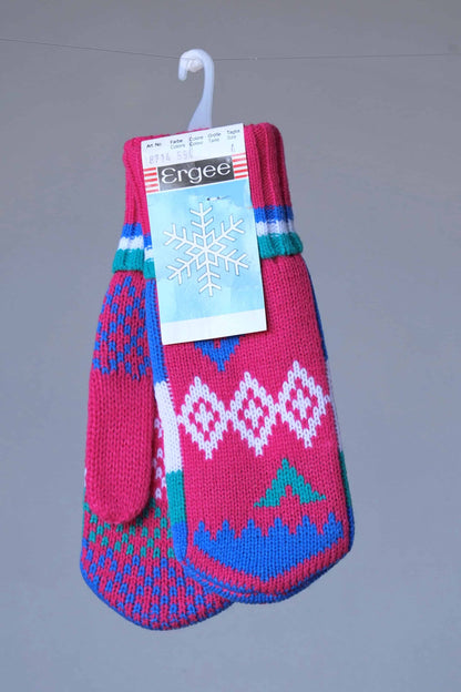 Ergee Kids Wool Mittens in pink, blue and white jacquard pattern