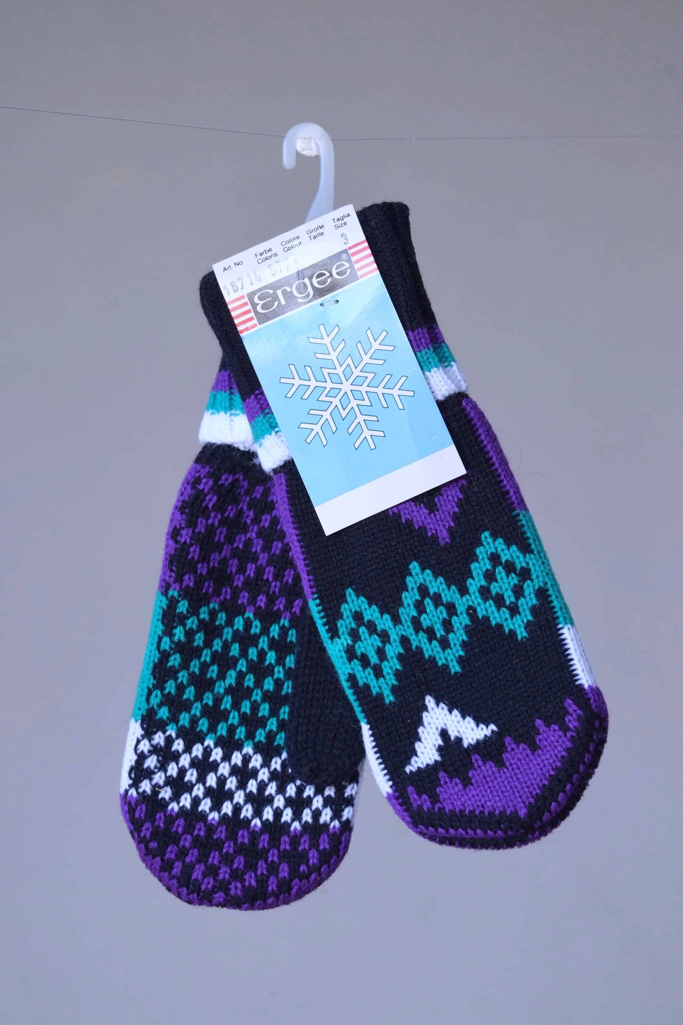 Ergee Kids Wool Mittens in black, purple and green jacquard pattern