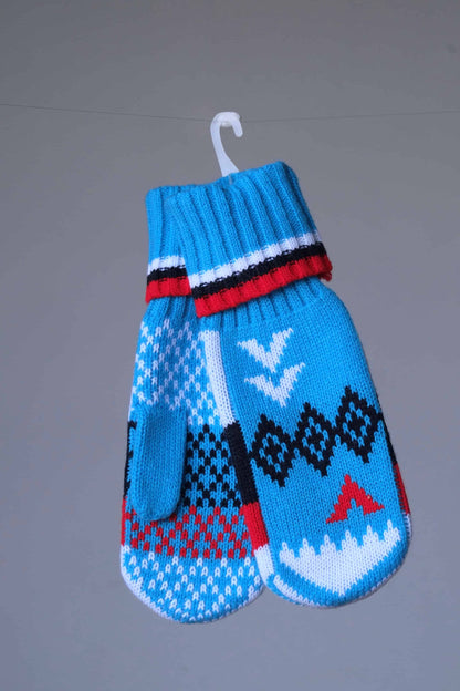 Ergee Kids Wool Mittens in turquoise, black and red jacquard pattern