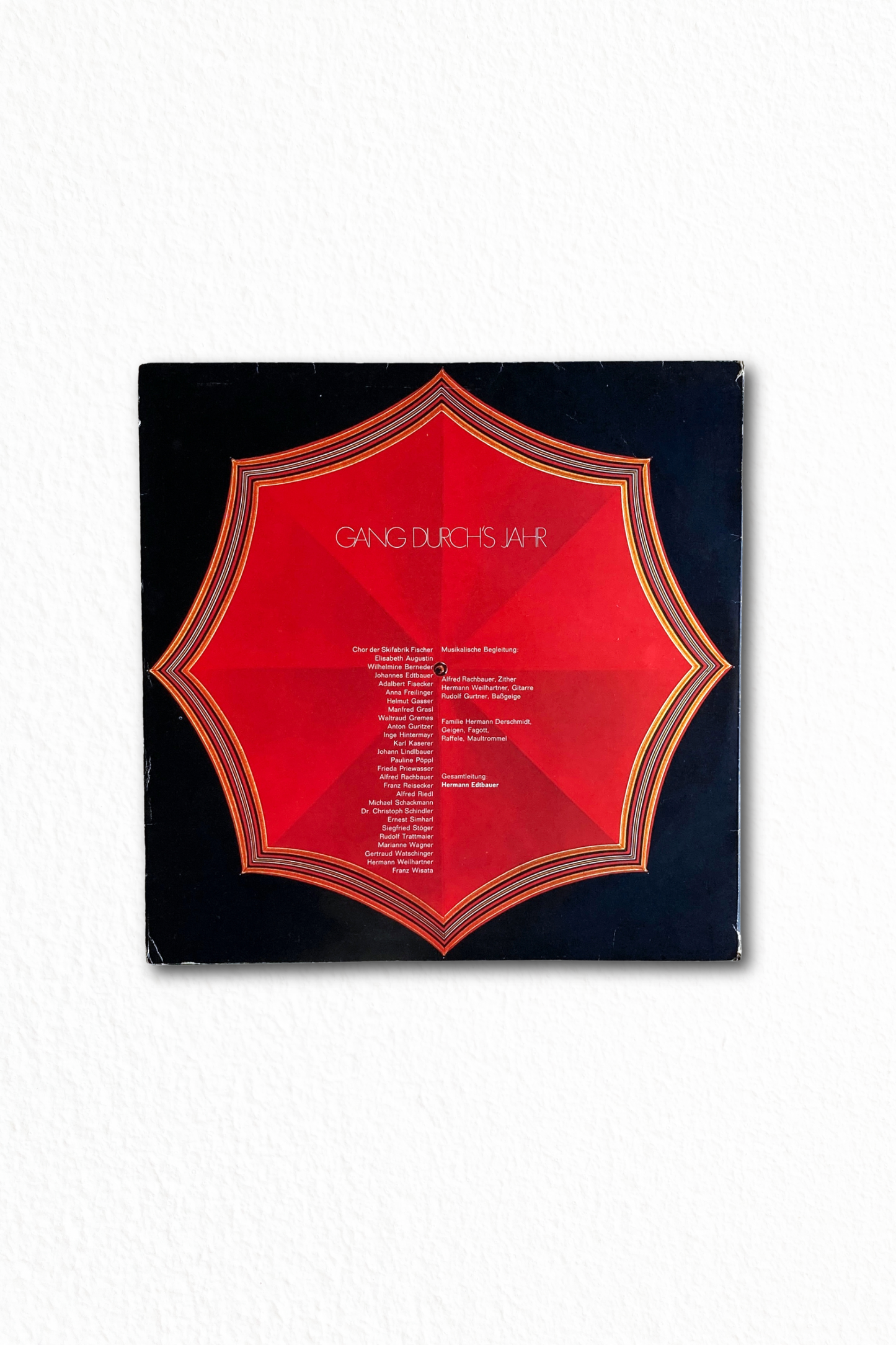Back sleeve of Fischer’s “Gang Durch’s Jahr” Christmas promo vinyl with umbrella artwork and credits.