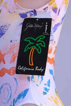 Close-up of the "California Body" tag on the side of the vintage Gilda Marx leotard