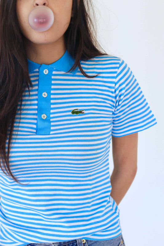 LACOSTE Kids Polo in white and bright blue stripes on girl model