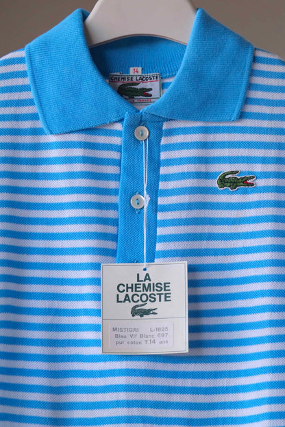 LACOSTE Kids Polo in white and bright blue stripes on hanger with paper label showing 