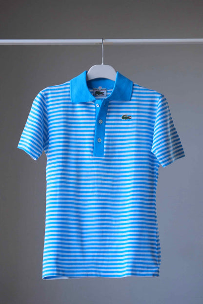 LACOSTE Kids Polo in white and bright blue stripes on hanger