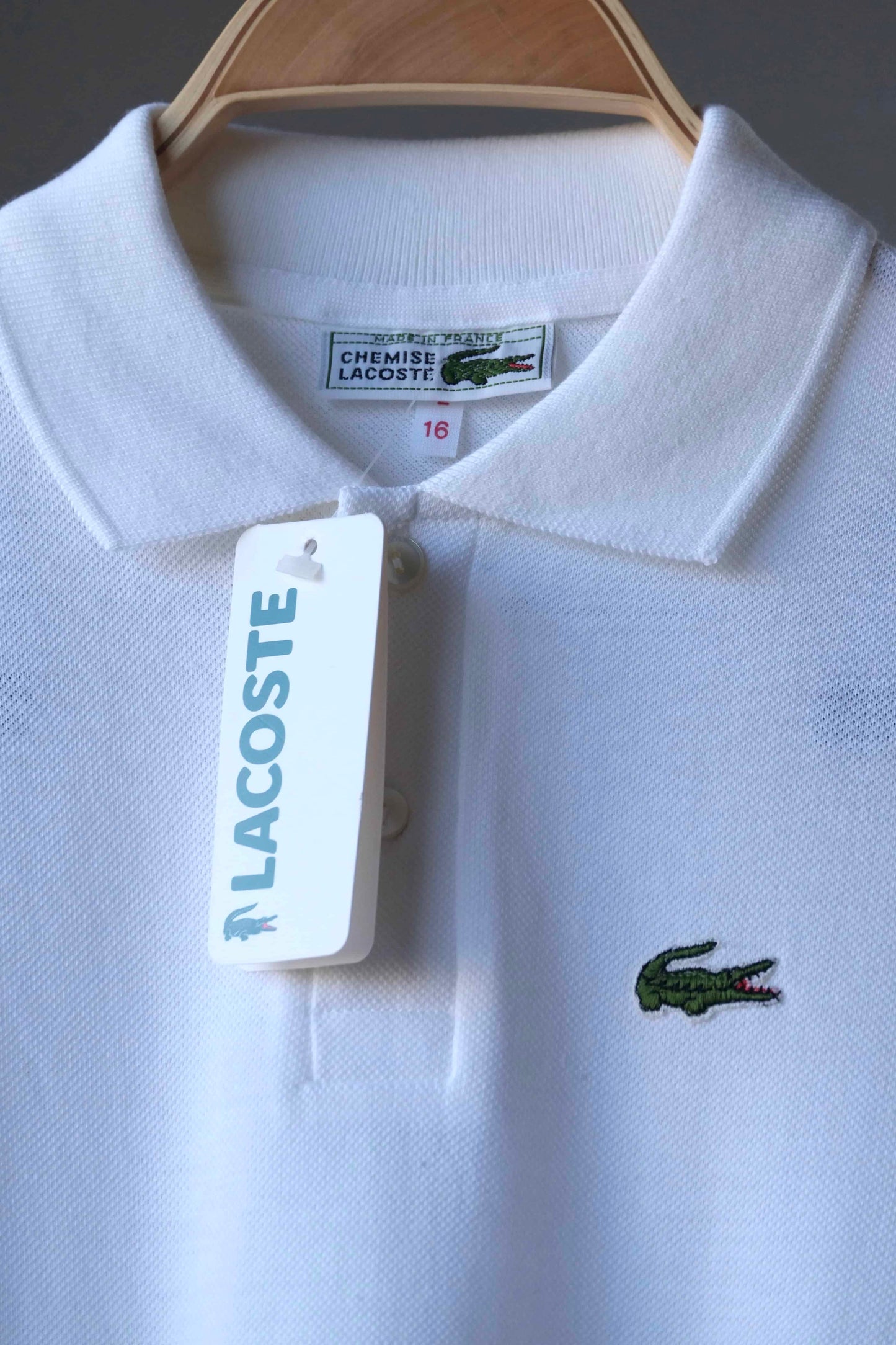 LACOSTE Vintage Polo white color close up of label and tag