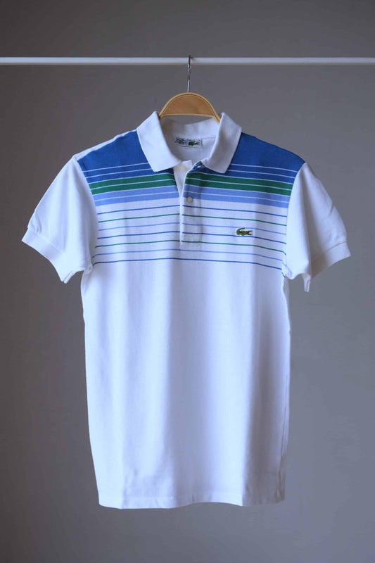 LACOSTE Vintage Striped Polo in white with green and blue stripes on hanger