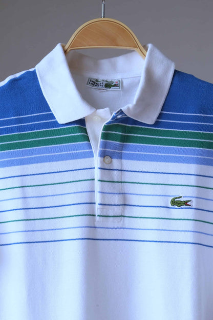 close up of LACOSTE Vintage Striped Polo in white with green and blue stripes