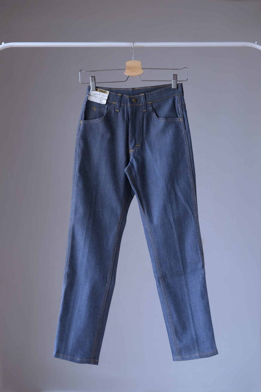 Front view of a pair of Vintage Lee lastic stretch denim jeans on hanger