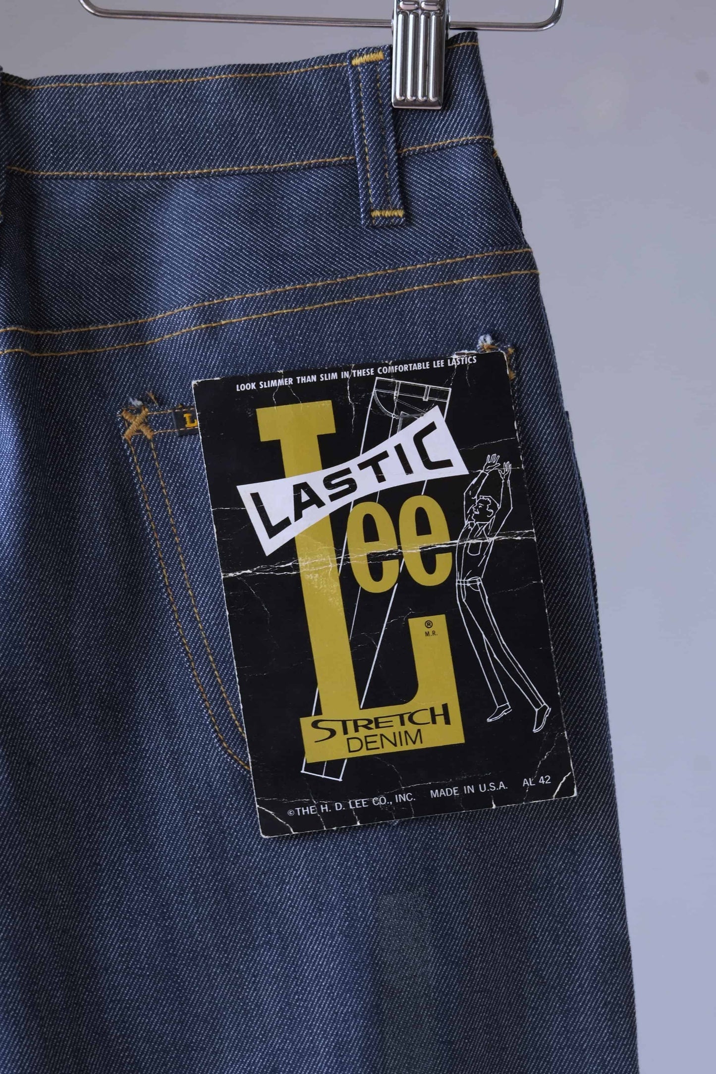 Close shot of the label on the back pocket of a vintage Lee lastic jeans