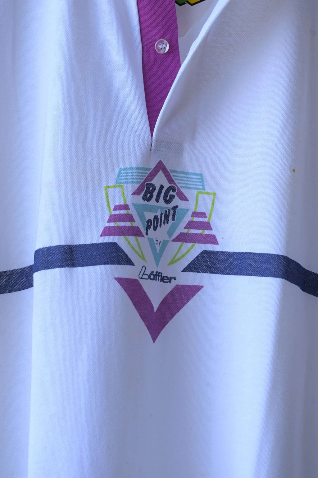 Close-up of a vintage 90s Löffler collared polo shirt with a purple collar placket and a colorful geometric 'BIG POINT' graphic on the chest.
