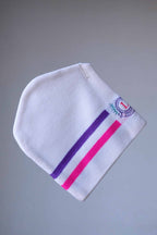 LÖFFLER Retro Snow Beanie white with neon pink and purple lines