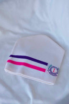 LÖFFLER Retro Snow Beanie white with neon pink and purple lines