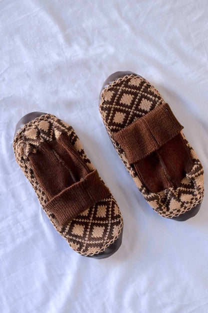 patterned slipper socks in beige and brown photographed from the top