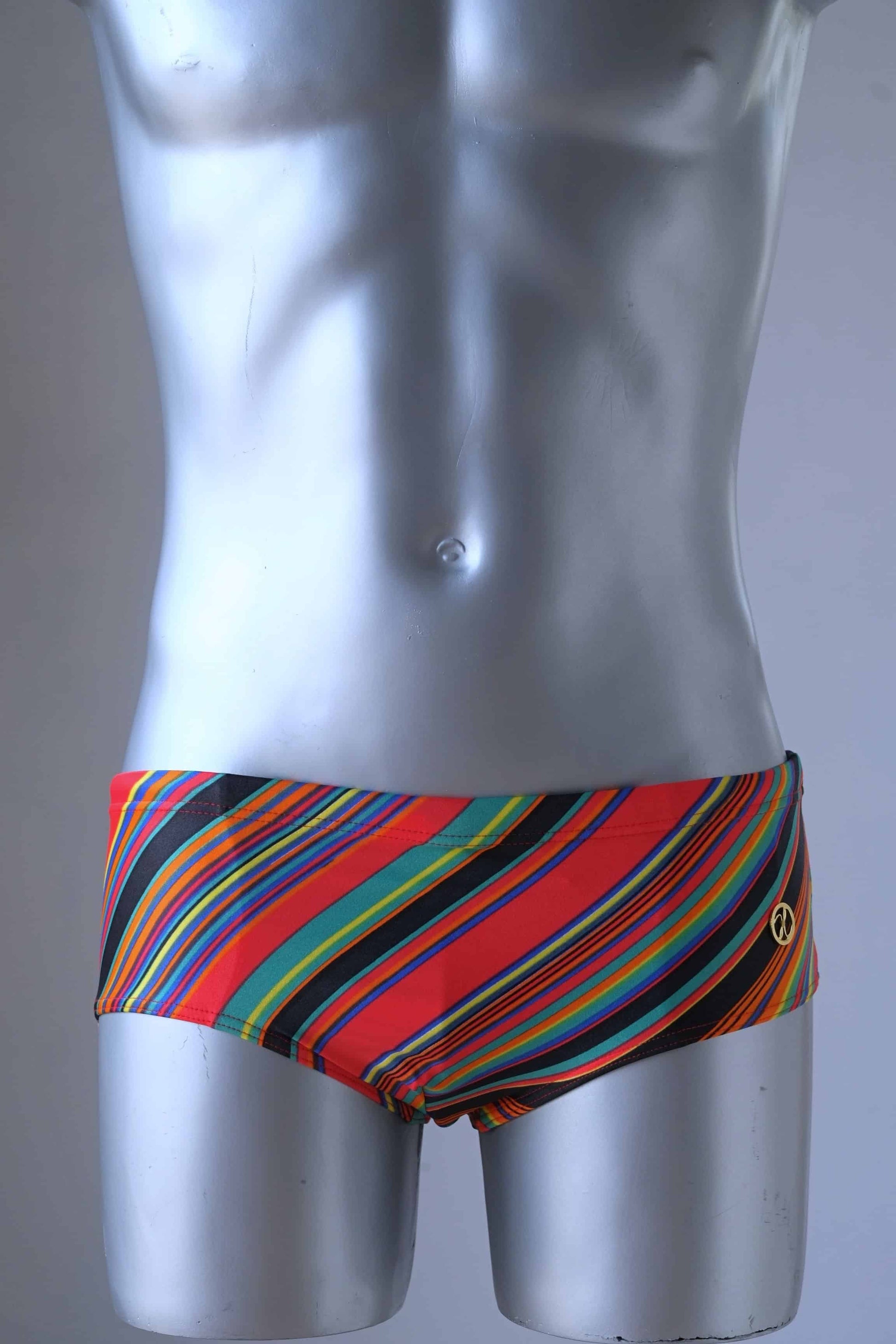 MONSIEUR ORCHIDÉE Vintage 80's Men's Swim Briefs: Retro Striped Swimwear, red color on mannequin