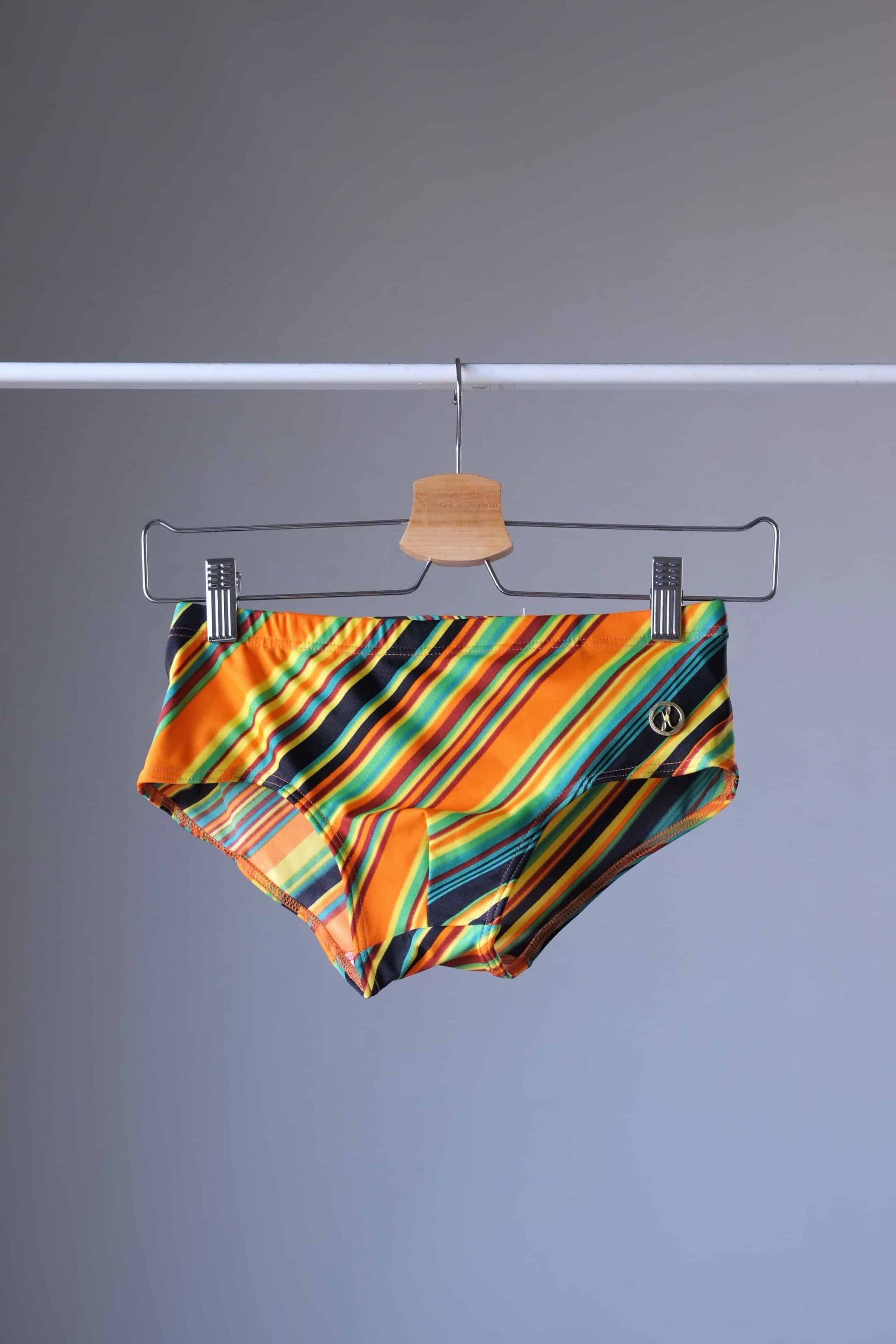 MONSIEUR ORCHIDÉE Vintage 80's Men's Swim Briefs: Retro Striped Swimwear, yellow colorway on hanger