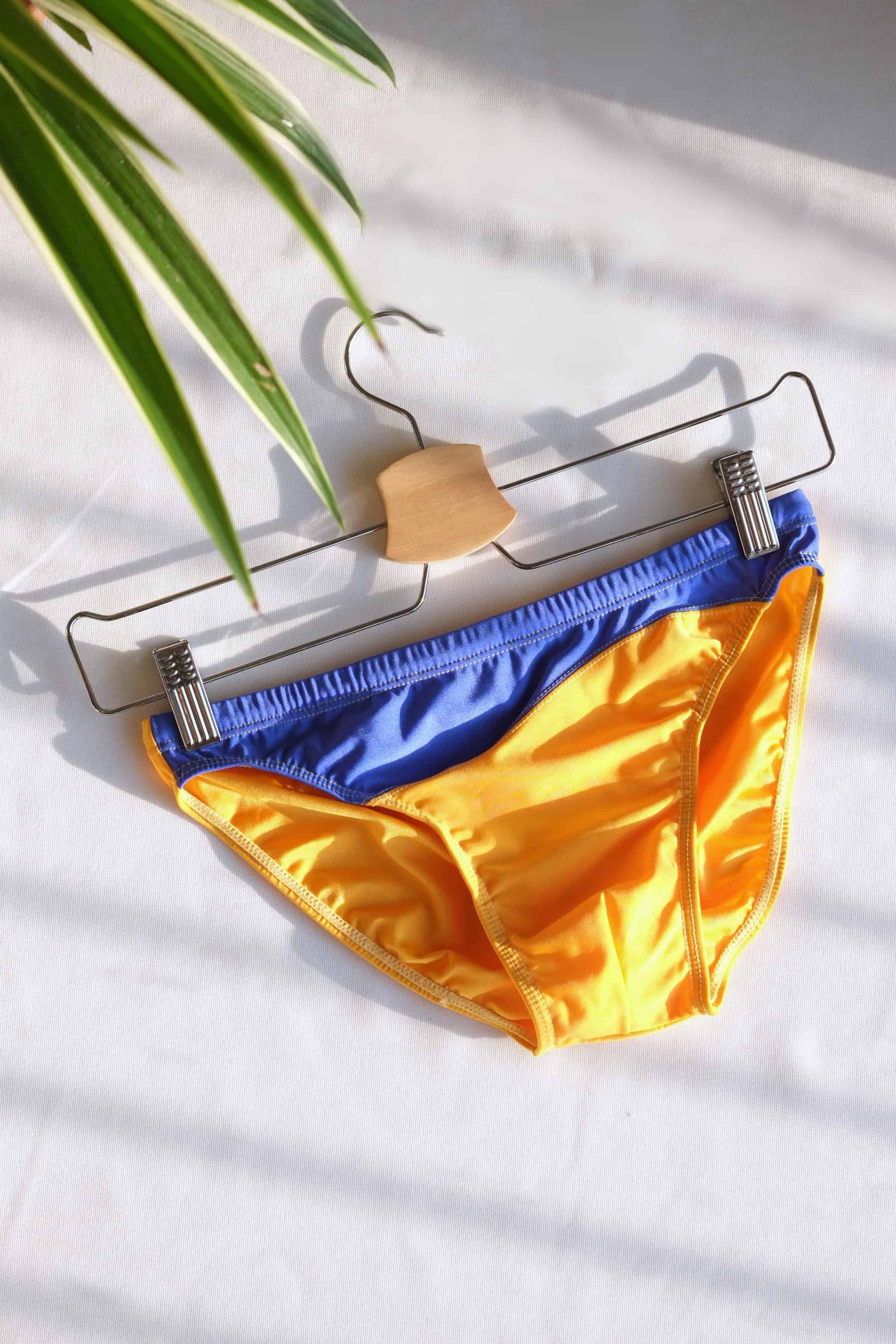 Vintage 80's Swim Briefs Low Rise with Bold Blue & Yellow displayed on a hanger against a white background.