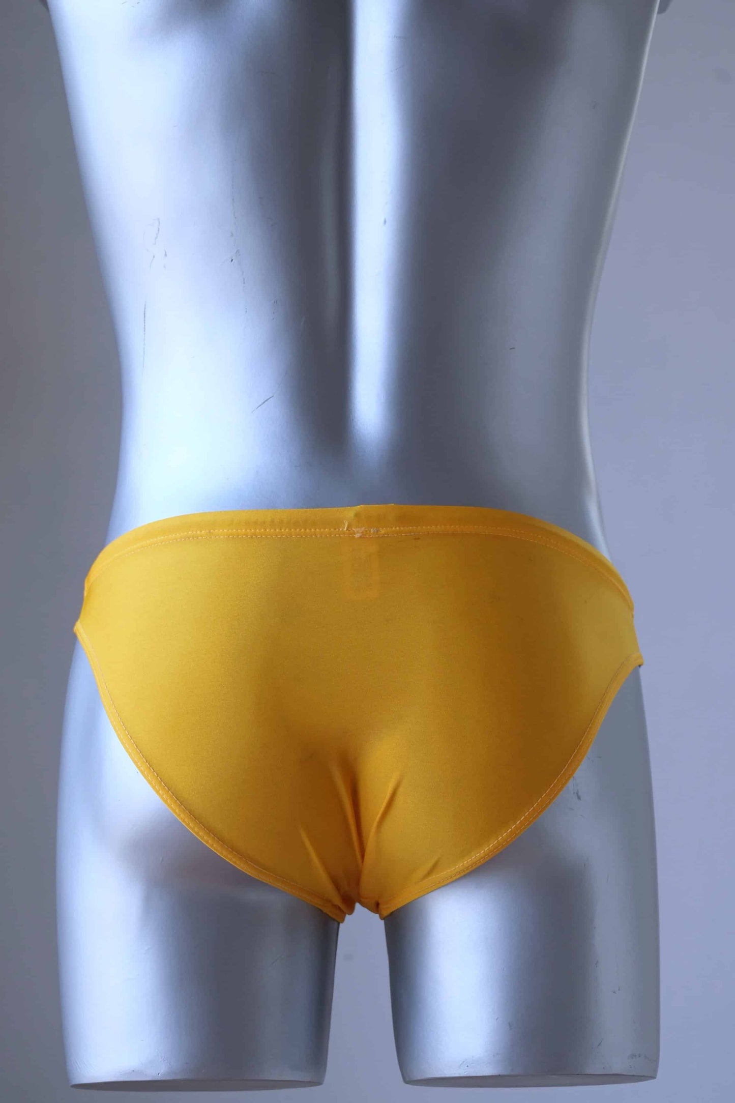 Vintage 80's Swim Briefs Low Rise with Bold Blue & Yellow displayed on a mannequin and photographed from the back.