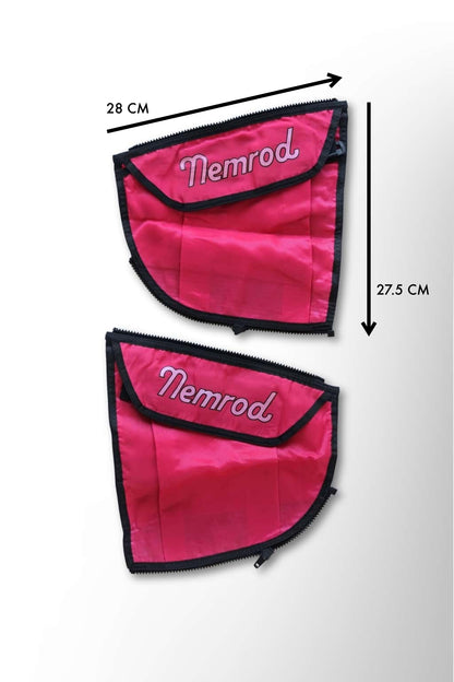 A pair of red pockets with flaps, against a white background, they have the brand Nemrod printed on them in white with measurements.