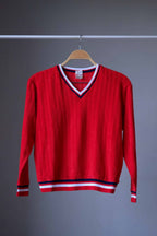Vintage 70s red V-neck sweater, striped trim, retro knitwear, ONZA, vintage clothing.