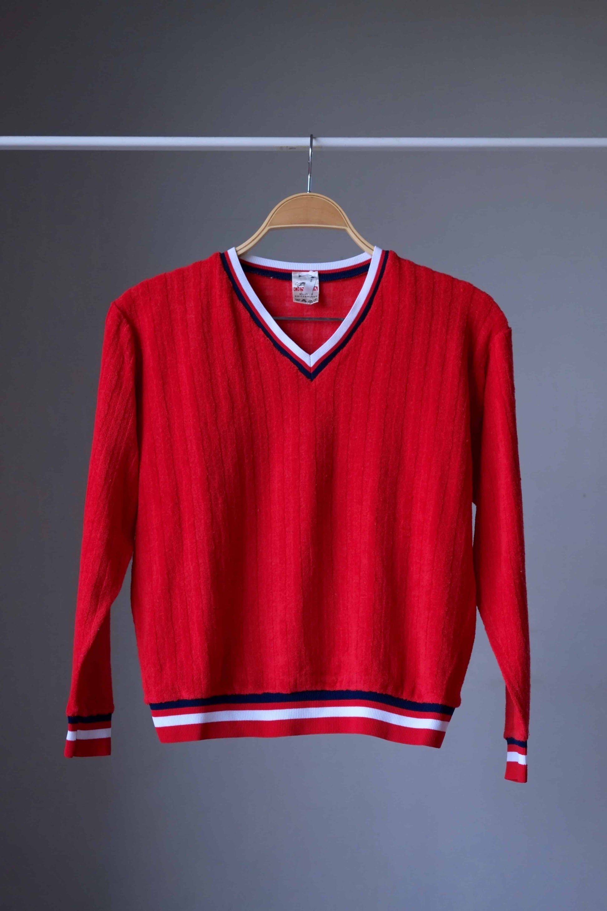 Vintage 70s red V-neck sweater, striped trim, retro knitwear, ONZA, vintage clothing.