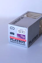 Vintage Playboy ski goggles box, model 5230, silver packaging with black logo, “Made in Austria” label, fog free Everclear sticker, and double shield lens description visible on the front.