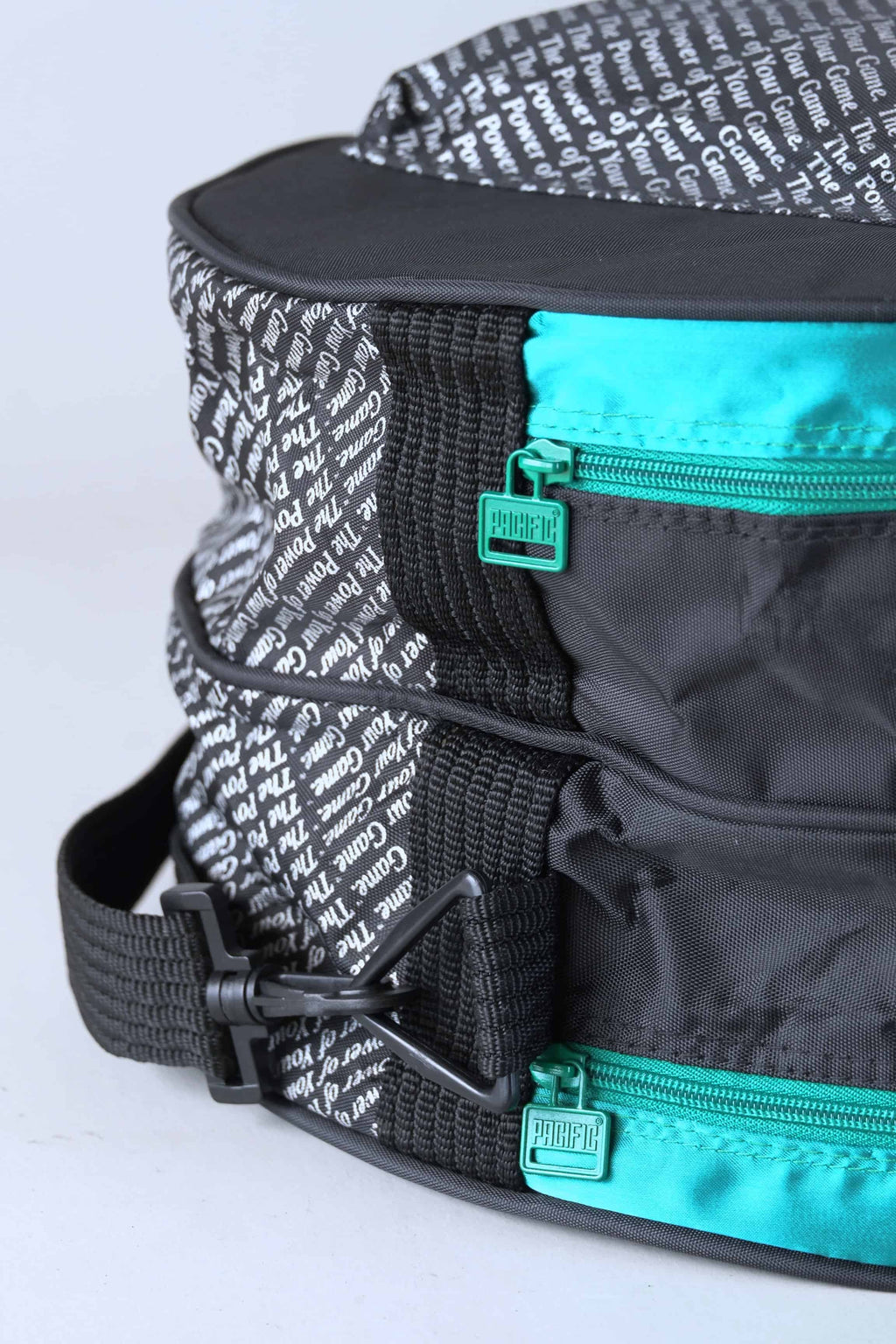 Close-up of the vintage Pacific bag's graphic element, featuring a bold brand typography.