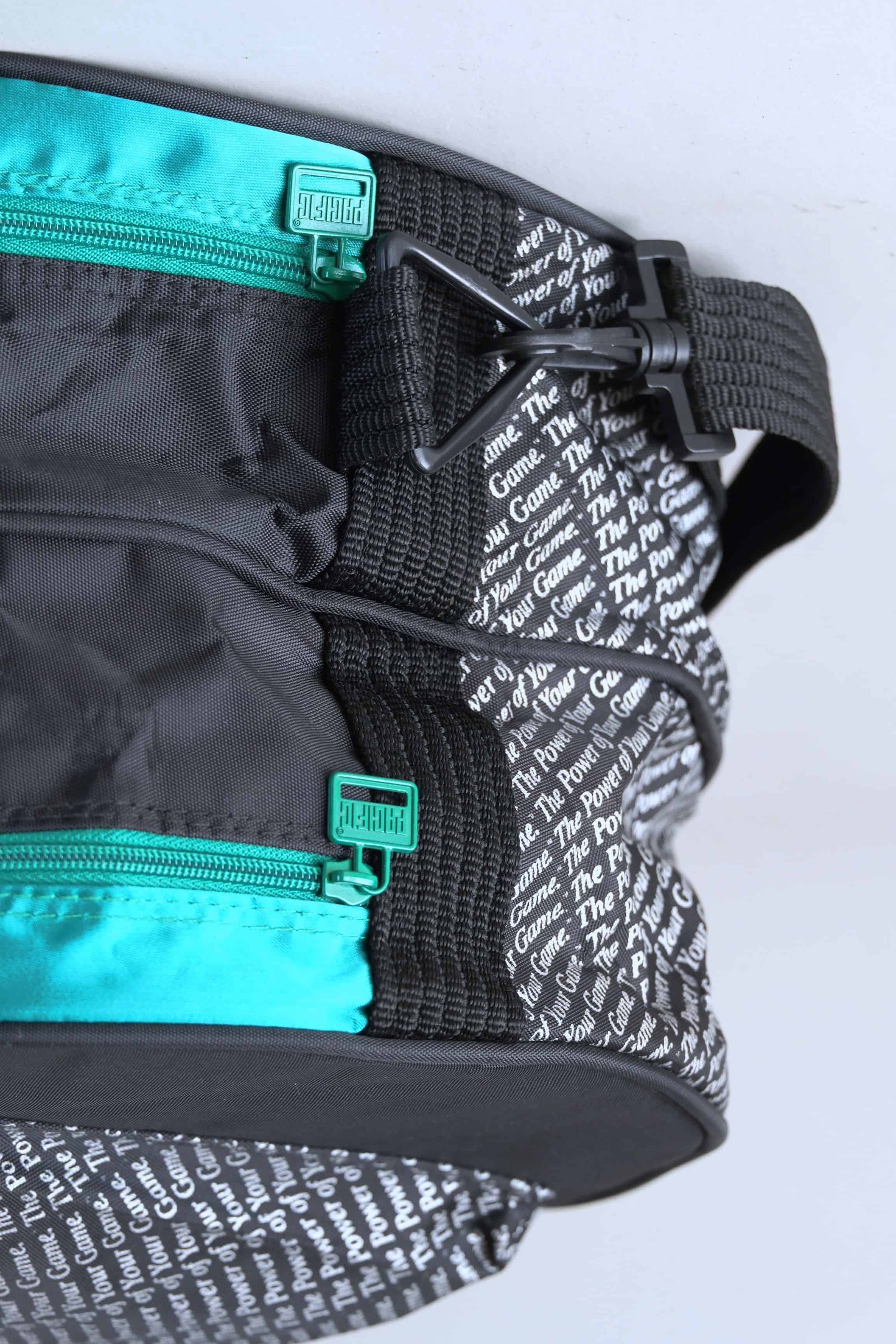 Close-up of the vintage Pacific bag's graphic element, featuring a bold brand typography.