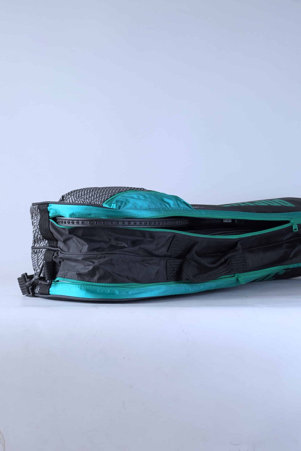 Top view of the 1990 vintage Pacific tennis bag, showing the carrying handles and dual zippered main compartments.