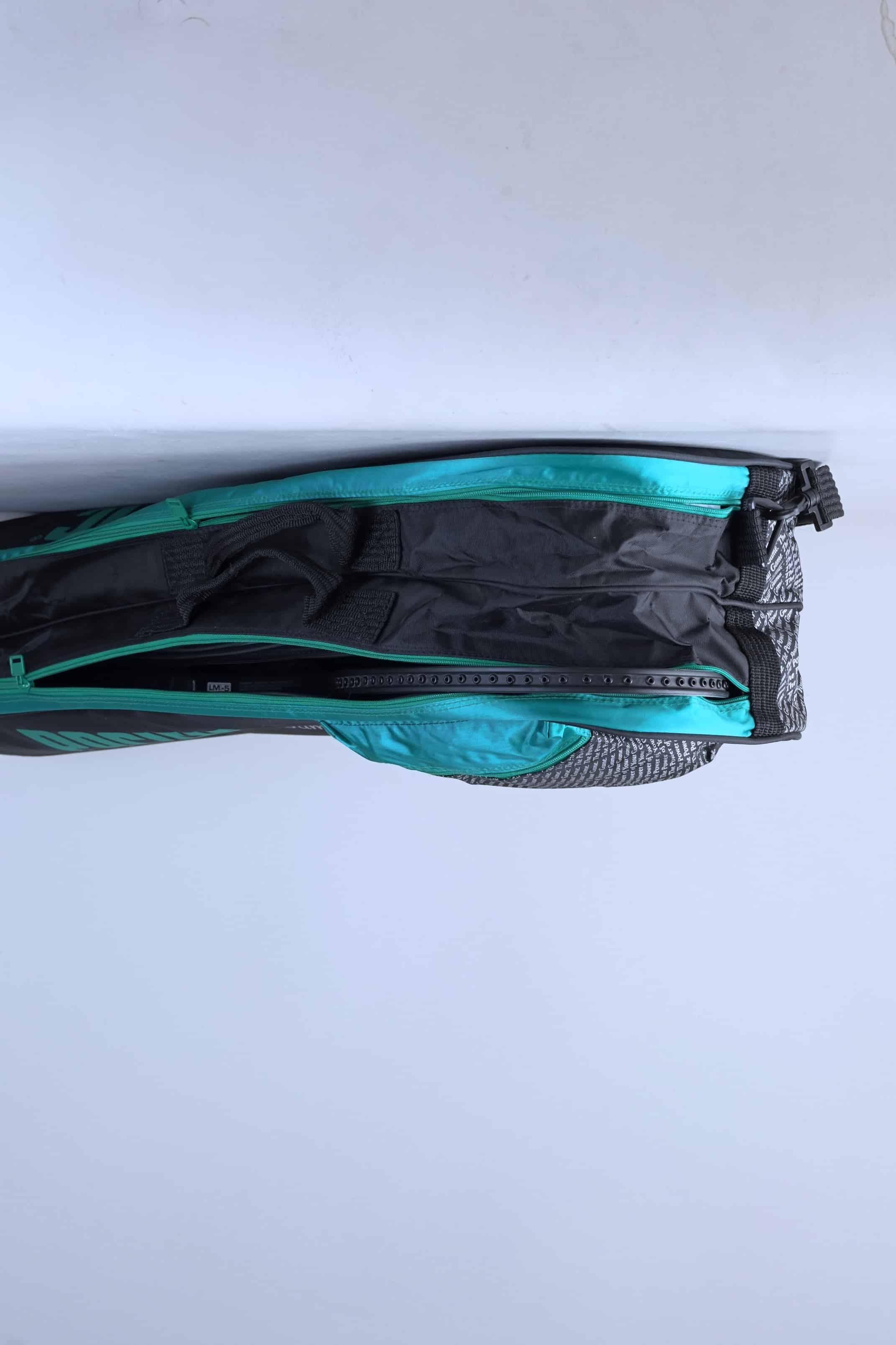 Top view of the 1990 vintage Pacific tennis bag, showing the carrying handles and dual zippered main compartments.