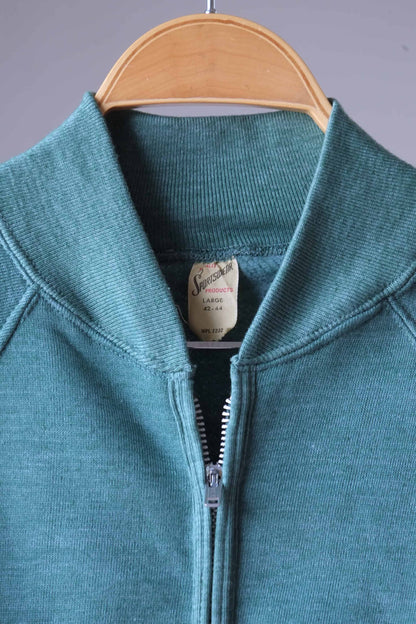 Close up of Heether green zipper sweatshirt on hanger