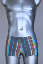 Front view of RIBANA vintage 70s swim trunks in shades of blue striped pattern, shown on a silver mannequin.