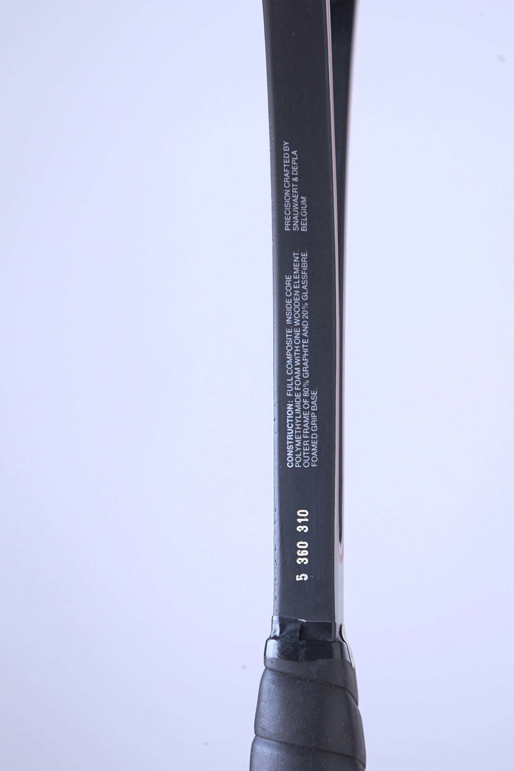 Detailed shot of the lower shaft displaying printed technical specifications, material composition, and the number "5 360 310".