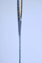 Side profile view of a vintage squash racket shaft showing the text Precision Crafted by Snauwaert & Depla Belgium.