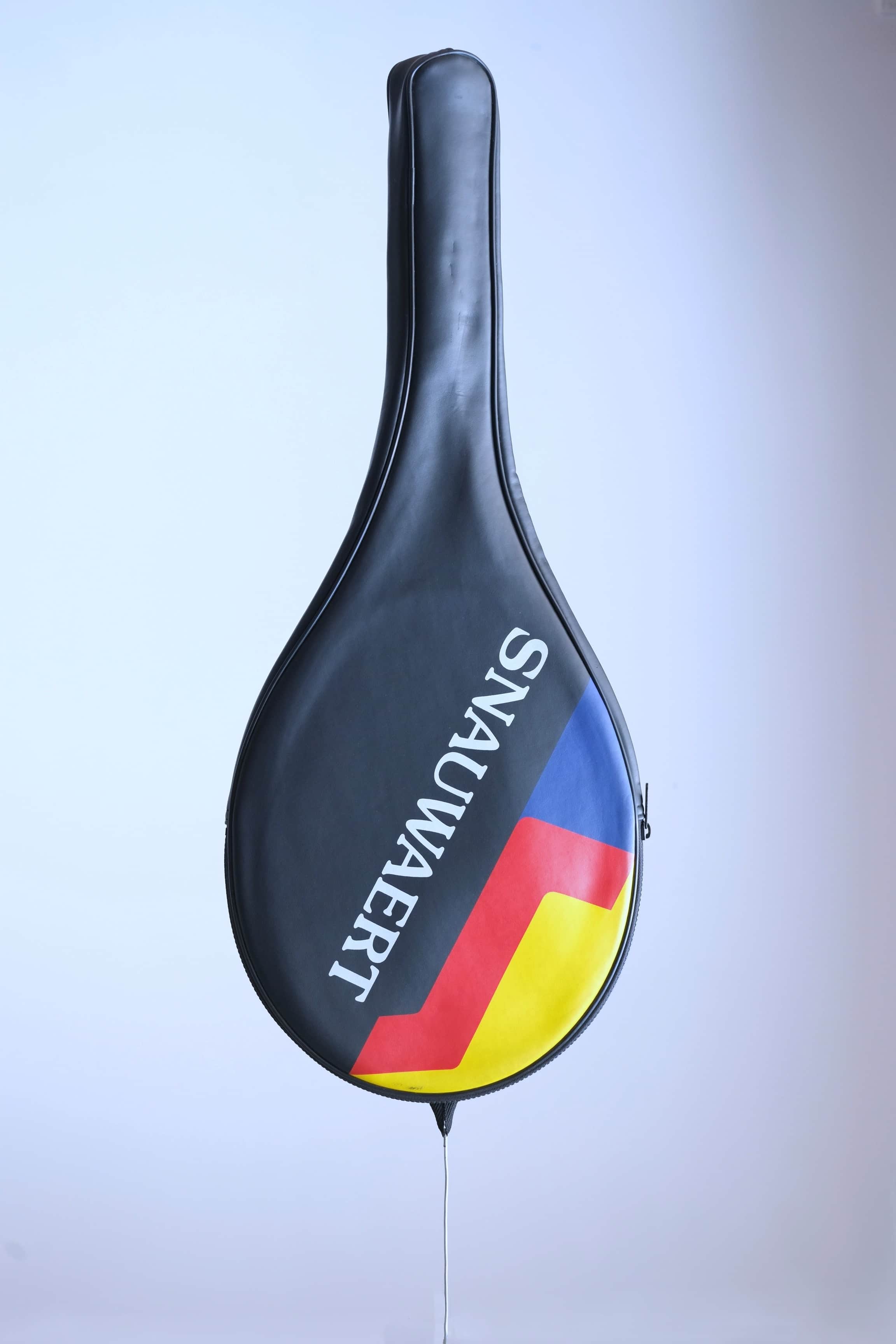 The vintage racquet fully enclosed in its black original cover featuring a bold red, yellow, and blue graphic and white "SNAUWAERT" branding.