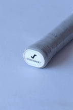 Close-up of the Snauwaert Shark 2 squash racquet butt cap showing the white oval cap with Snauwaert logo and grey wrapped grip.