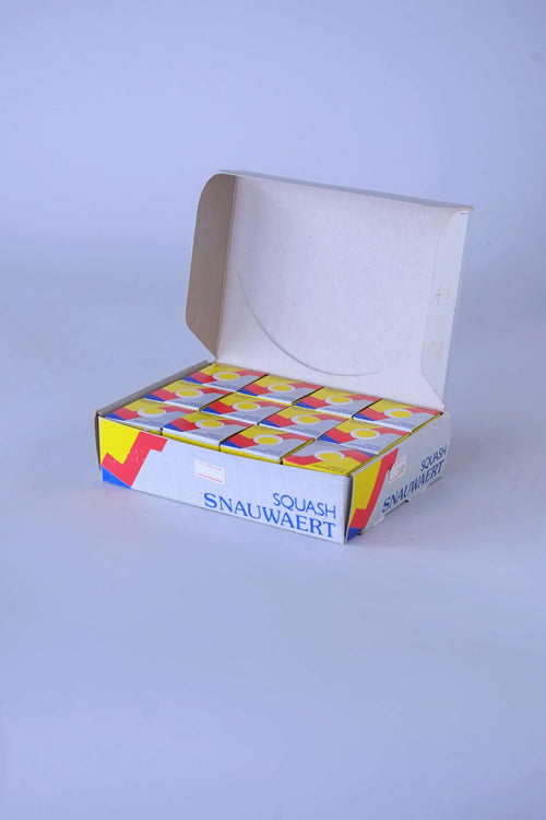 Snauwaert Squash Power box open from above revealing 12 individually boxed squash balls in original branded packaging.