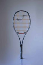 Vintage Snauwaert Hi-Ten 30 tennis racket with a wide head, grey frame, and distinctive string pattern, featuring red branding on the throat.