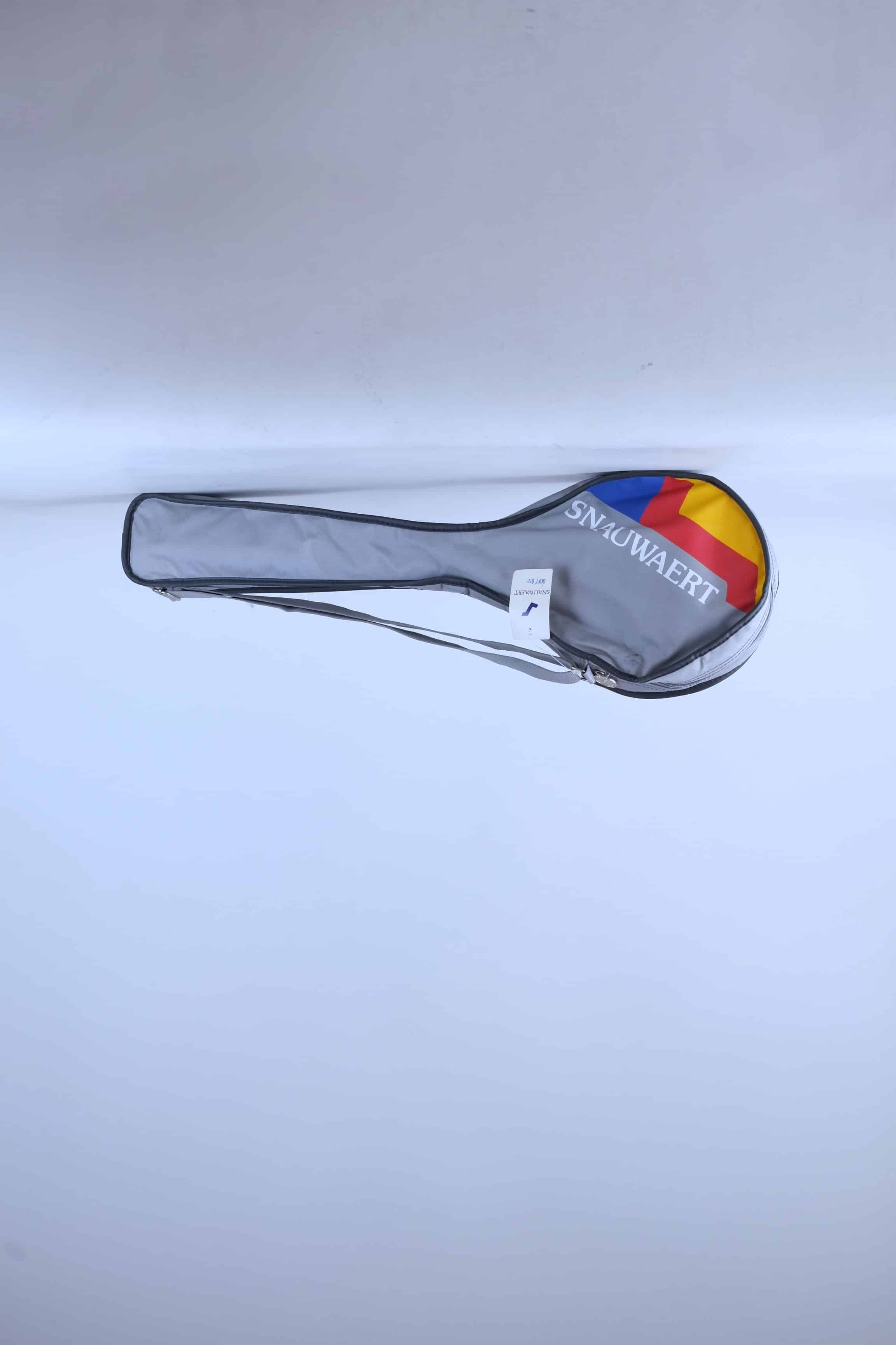 Front view of a vintage grey Snauwaert squash racket soft bag with a shoulder strap and red, yellow and blue brand logo.