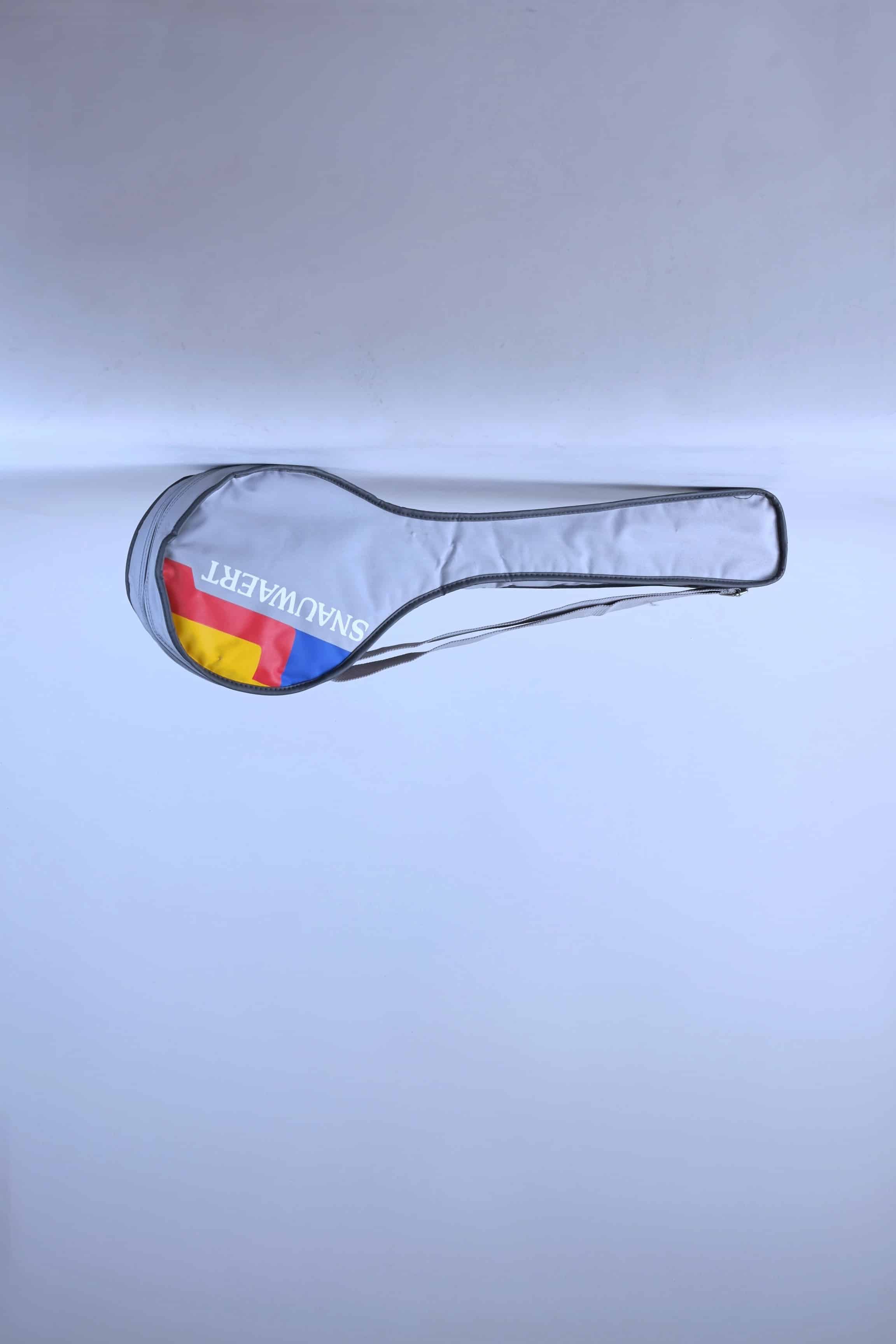 Full view of a vintage grey Snauwaert squash racket soft bag with a shoulder strap and red, yellow and blue brand logo.