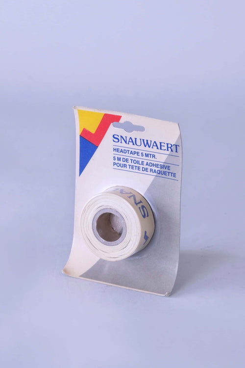 Angled view of deadstock vintage Snauwaert 5-meter adhesive frame protection tape for tennis racket heads.