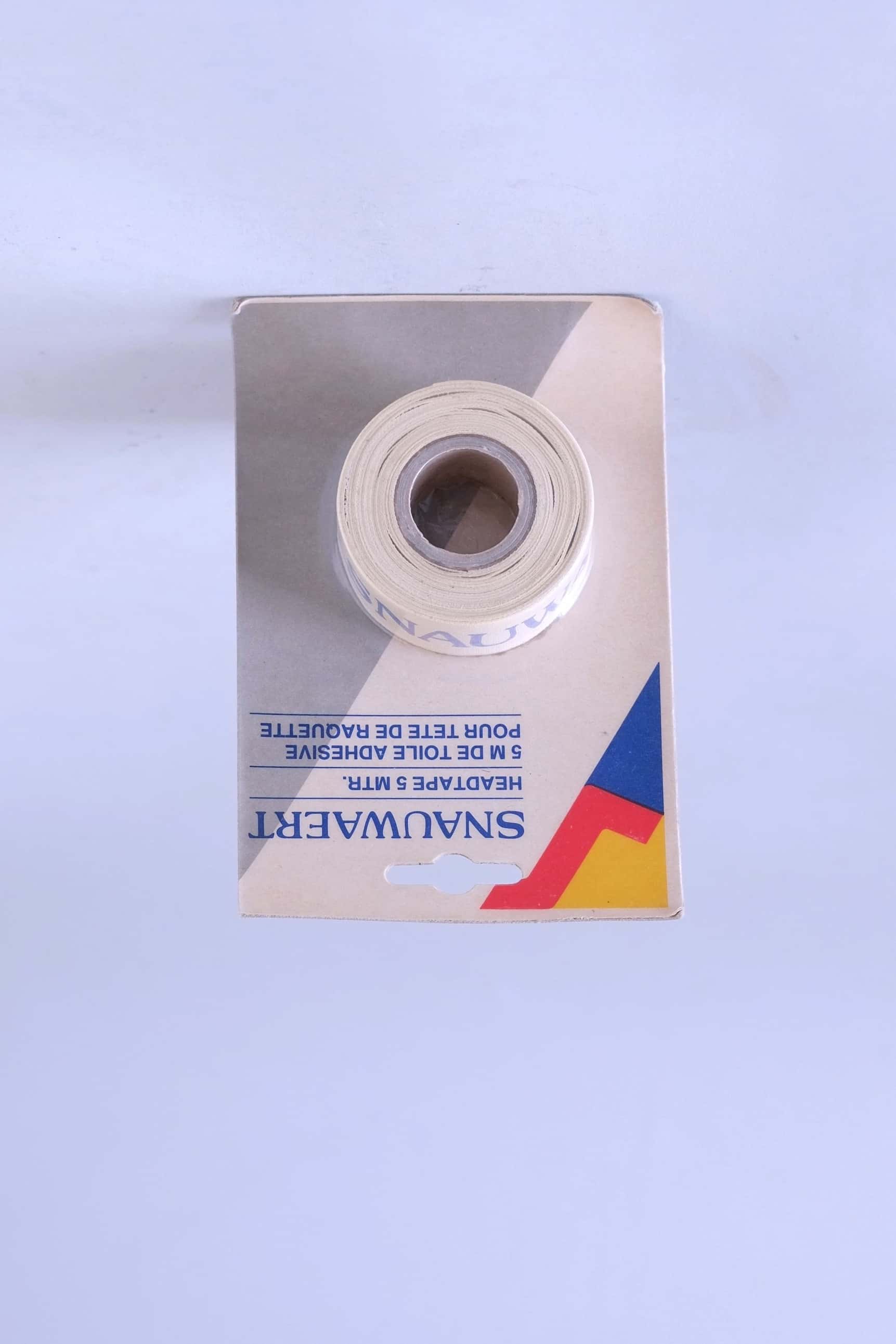 Front view of vintage Snauwaert protective headtape roll on its original retro white, blue, and yellow card packaging.