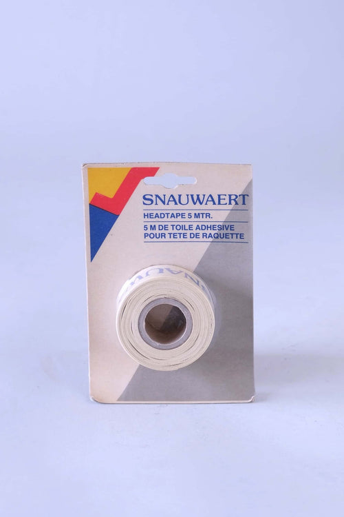 Front view of vintage Snauwaert protective headtape roll on its original retro white, blue, and yellow card packaging.