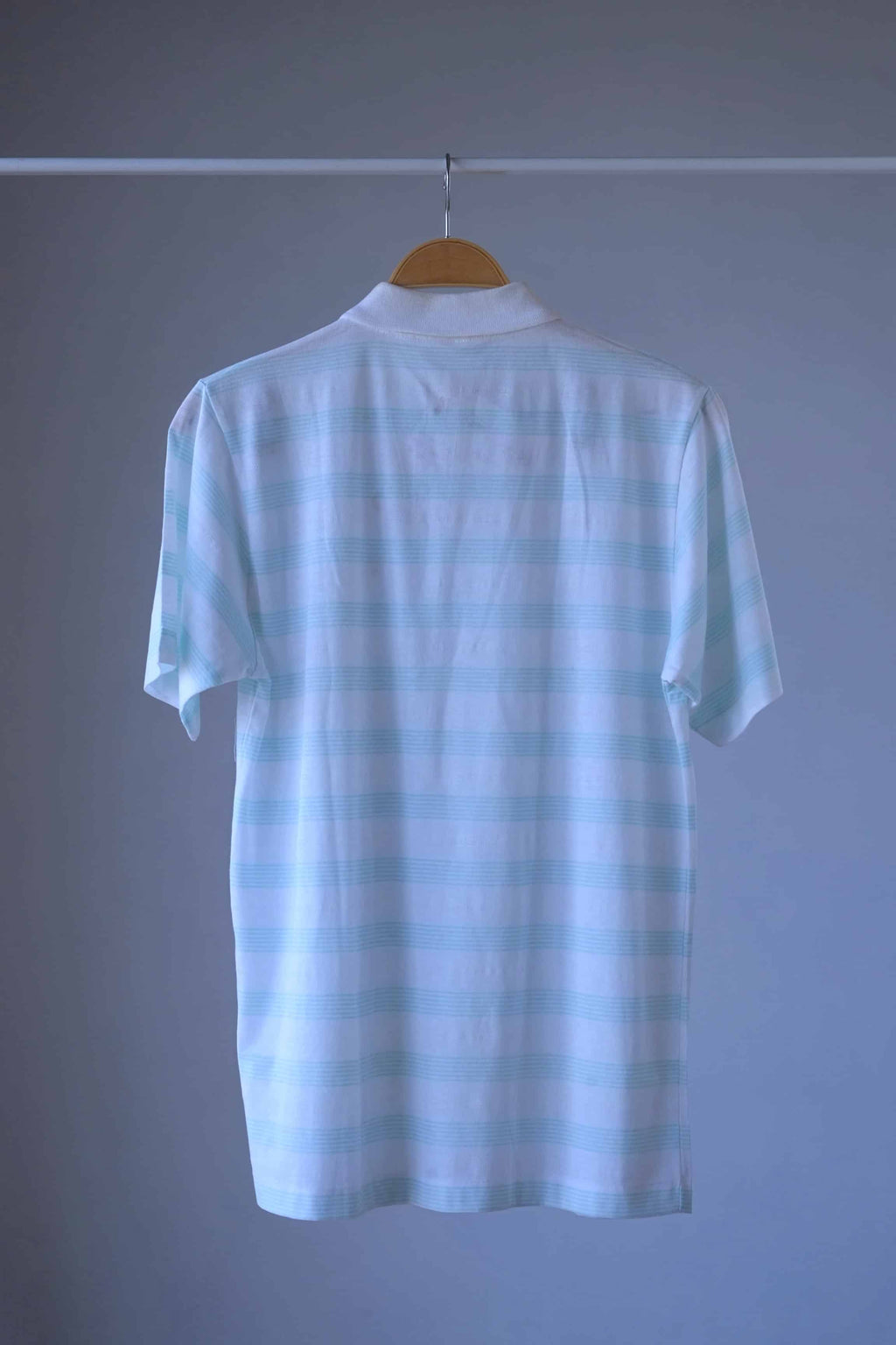 Back view of SNAUWEART Vintage Striped Polo in white and mint green