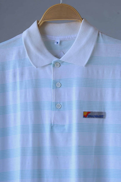 Closer view of SNAUWEART Vintage Striped Polo in white and mint green