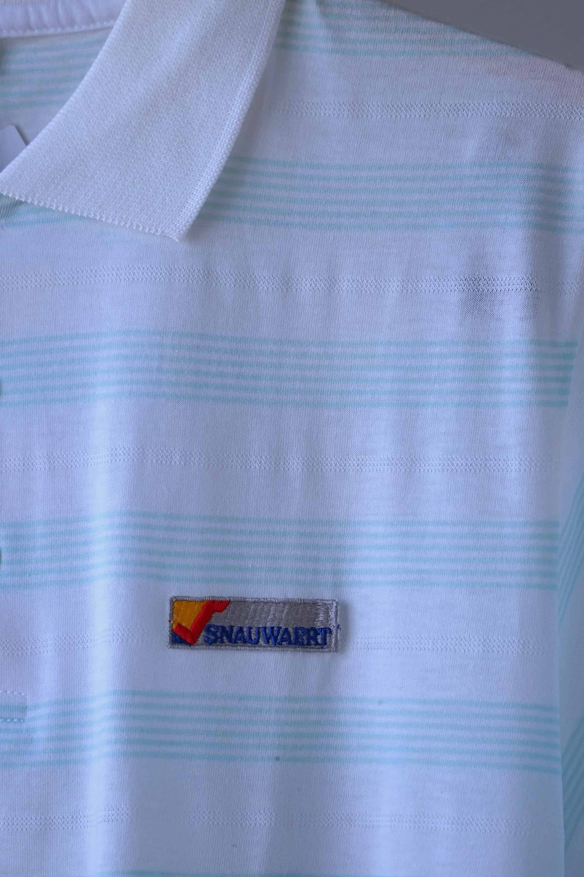 Close up shot of SNAUWEART Vintage Striped Polo in white and mint green
