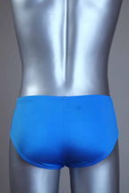 Back view of a mannequin wearing a pair of vintage 70s blue swim briefs with a visible brand logo on a gray background