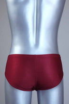 Back view of a mannequin wearing a pair of vintage 70s burgundy swim briefs with a visible brand logo on a gray background